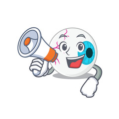 Mascot design of eyeball announcing new products on a megaphone