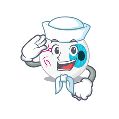 Obraz na płótnie Canvas Smiley sailor cartoon character of eyeball wearing white hat and tie