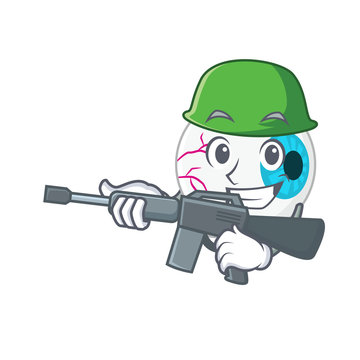 A cartoon picture of Army eyeball holding machine gun