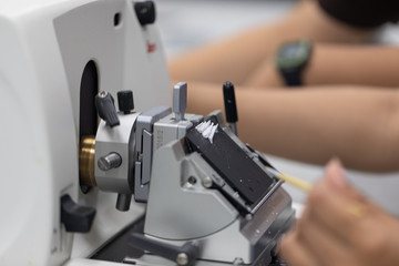 Study Histological sample and preparing a biopsy by use Microtome in Lab.