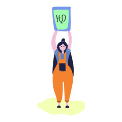 Woman with glass of water in her hands. Flat vector illustration. Cute and fun.