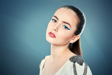makeup with blue eyeliner - obrazy, fototapety, plakaty