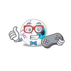 Mascot design style of eyeball gamer playing with controller
