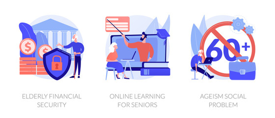 Education for old people metaphors. Elderly financial security, online learning for seniors, ageism social problem. Pensioner employment trouble. Vector isolated concept metaphor illustrations.