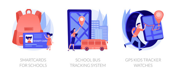 Children safety technologies. Smartwatch with geolocation. Smartcards for schools, school bus tracking system, gps kids tracker watches metaphors. Vector isolated concept metaphor illustrations