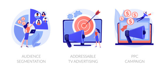 Targeted promotion, SEO, digital marketing. Geotargeting, CPC advertisement. Audience segmentation, addressable tv advertising, ppc campaign metaphors. Vector isolated concept metaphor illustrations.