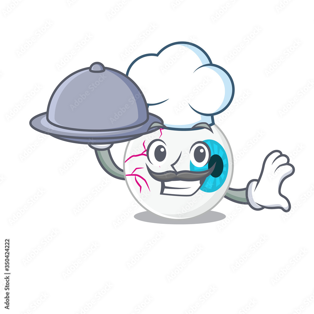 Poster mascot design of eyeball chef serving food on tray