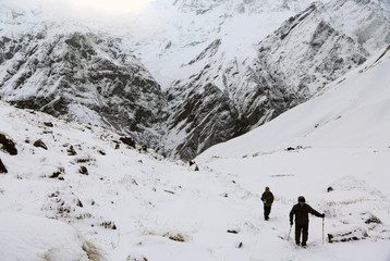 ABC, Nepal - April, 2012 : Trekker with a dog on Annapurna base camp trail in winter.