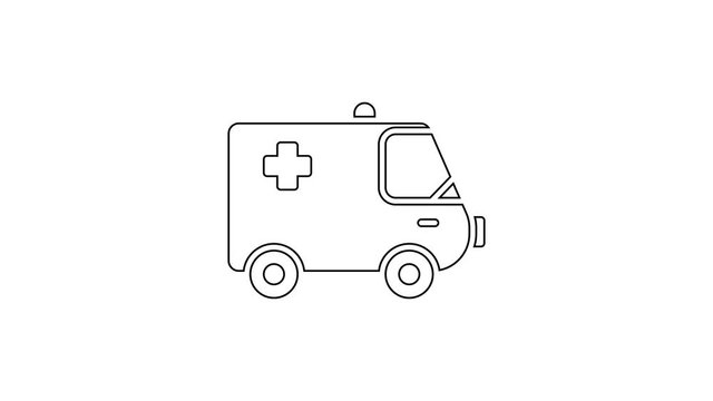 Black line Ambulance and emergency car icon isolated on white background. Ambulance vehicle medical evacuation. 4K Video motion graphic animation