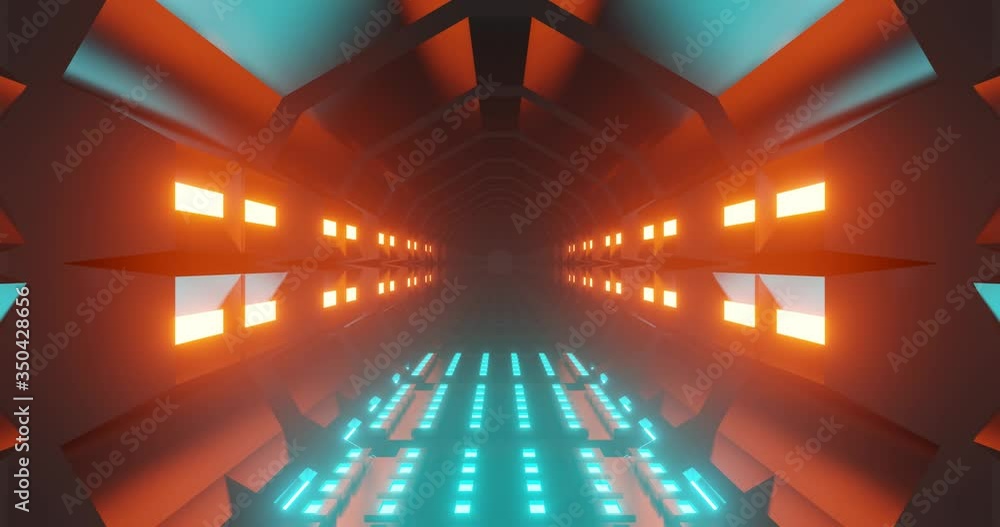 Poster 3d render loop of hi-tech style tunnel with light blue and orange light on the wall and floor. 4k fo