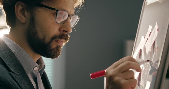 Bearded mature man in eyeglasses and black suit writing on flipchart while standing at modern office. Concentrated business man using stickers to remember important information.