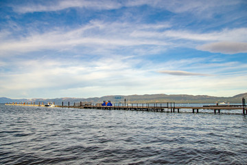 View on Lake Tahoe and the pier with a boat