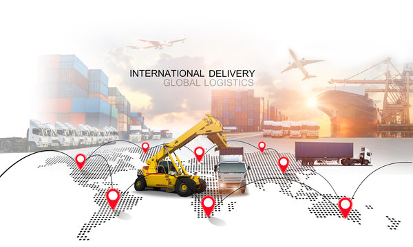 Logistics International Delivery Concept, World Map With Logistic Network Distribution On Background.background For Concept Of Fast Or Instant Shipping, Online Goods Orders Worldwide