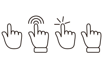 Icon click with your finger. Vector image, touch here. Hand push to the point. Stock Photo.