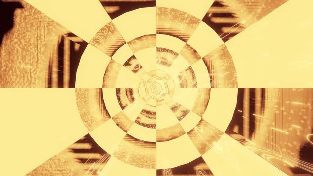 Computerized animation of time and space with golden rays of energy releasing from central core. Motion graphics.