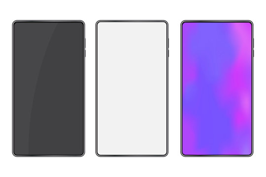 Three mobile phones mocap style. Vector image of a smartphone. Blank screen cellphone. Stock Photo.