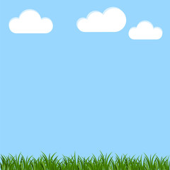 Obraz premium Vector background of blue sky and green grass. Illustration of a daytime landscape. Spring nature. Stock Photo