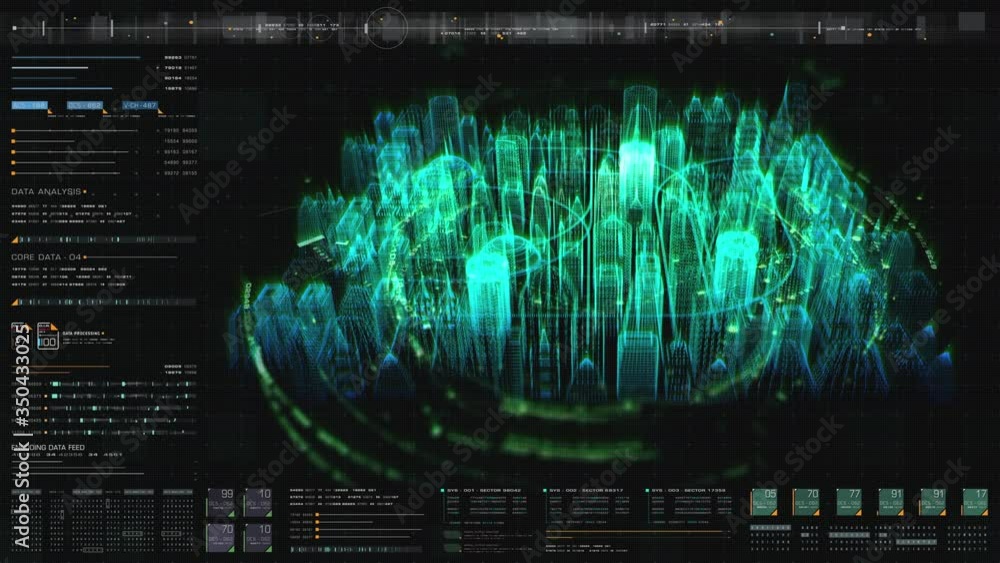 Poster futuristic head up display holographic city digitally generated image virtual reality matrix particl
