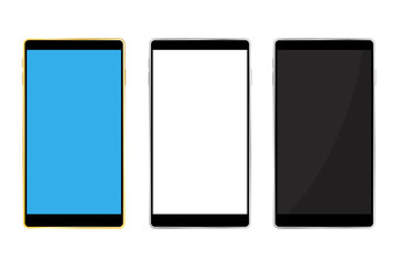 Mobile phone, smart phone mockup. Three realistic devices with blank screens. Vector illustration.