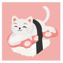 cute kitty cat on sushi,  Squid sushi.
