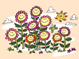 Vector yellow colourful cartoon sunflowers illustration. Suitable for greeting cards and wall murals. © Jamie Soon