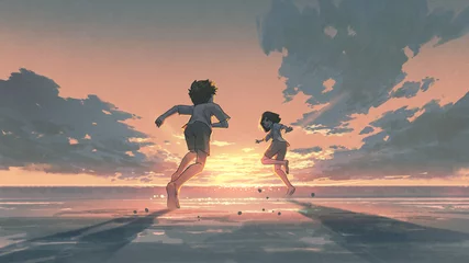 Papier Peint photo Lavable Grand échec garçon et fille courant sur la plage pour voir le lever du soleil à l& 39 horizon, style art numérique, peinture d& 39 illustration