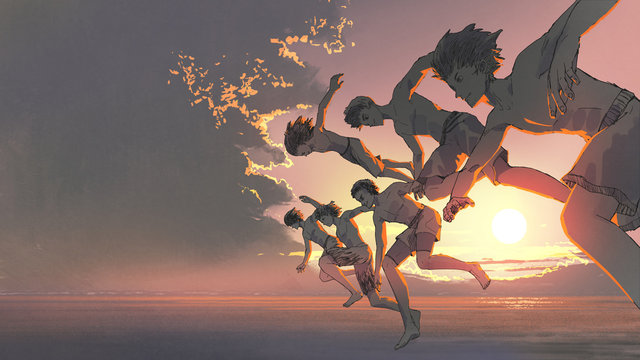 the group of young men running and jumping into the ocean togetther at sunset, digital art style, illustration painting