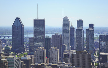 Montreal view from Mount Royal in summer day. All main skyscrapers together with a river behind