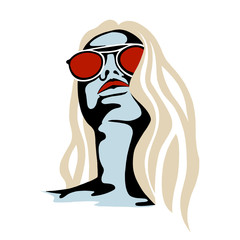 Vector graphic illustration of girl looking up. Beautiful silhouette simple close up face with sunglasses, minimalistic style, vintage, street art, Vector design, hand drawn sketch. Pure minimalism