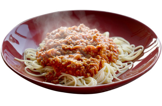 Spaghetti Bolognese Served On A Red Plate. Mom Homemade Beef Pasta With Tomato Sauce And Parmesan