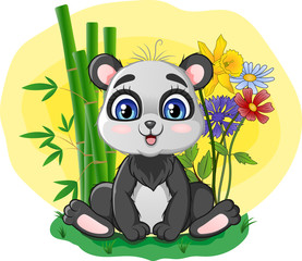 Cute little panda sitting in grass