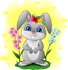 Cute cartoon rabbit standing on the grass