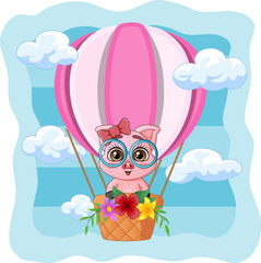 Cute little pig flying in a hot air balloon