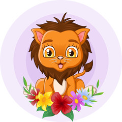 Cute baby lion sitting with flowers background