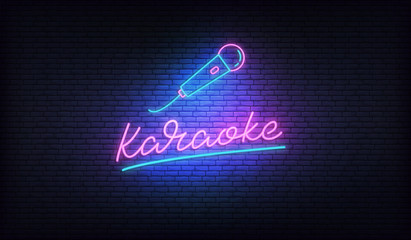 Karaoke neon. Neon label with microphone and Karaoke lettering