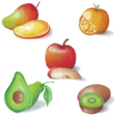 Illustration of watercolors of several types of sweet and sour fruit.