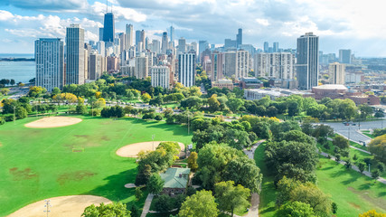 Chicago skyline aerial drone view from above, lake Michigan and city of Chicago downtown skyscrapers cityscape bird's view from park, Illinois, USA
