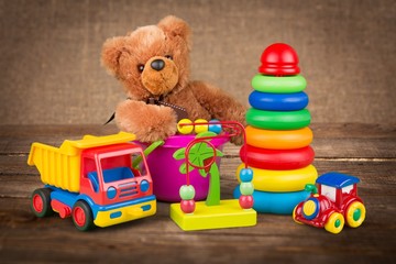 Many colorful toys collection on the desk