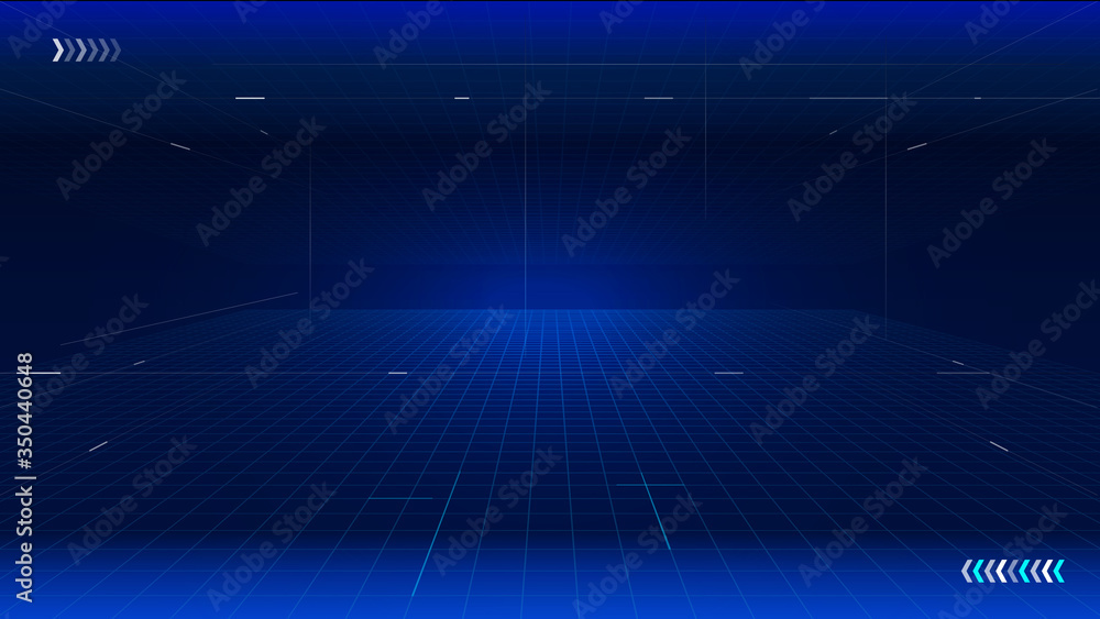 Poster dots, lines and planes form the background of perspective space technology interface.
