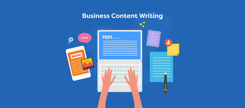 Business content writing, content creation, research and copy writing for blogging, magazine, digital media. Writer writing content on laptop screen. Flat design web banner. 