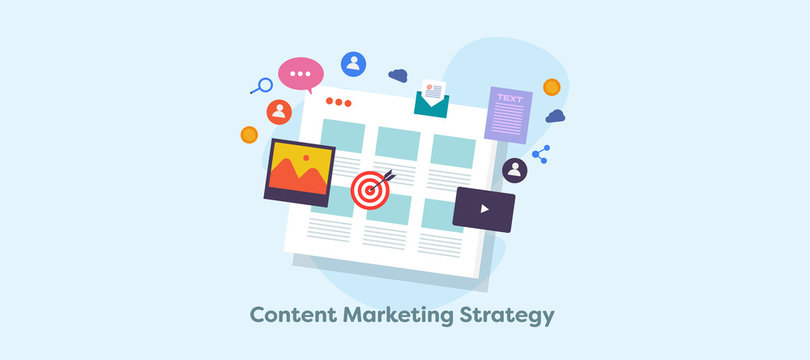 Content Marketing Strategy Concept, Flat Design Web Banner. Email, Video, Social Media, Seo Planning For Web Traffic Engagement. Marketing Technology Web Banner.