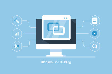 Seo link building - website optimization - digital marketing - backlink creation process. Flat design link building web banner. - obrazy, fototapety, plakaty