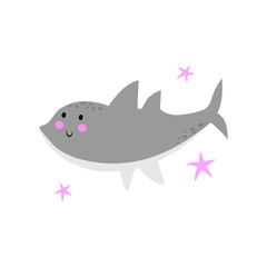 Cute cartoon shark. Illustration for print on baby clothes, books and cards. Flat vector illustration isolated on white background.