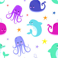 Octopus, dolphin, whale. Cute cartoon sea animals. Seamless pattern for printing on fabric, paper. Flat vector illustration isolated on white background.