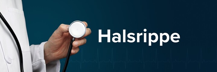 Halsrippe. Arzt (isoliert) hält Stethoskop in Hand. Begriff steht daneben. Ausschnitt vor blauem...
