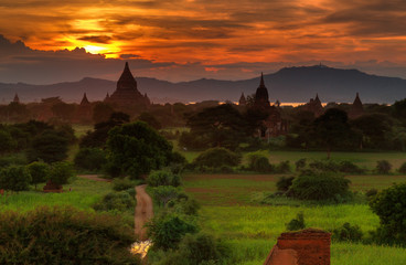 Sunset over Bagan Temples in Myanmar