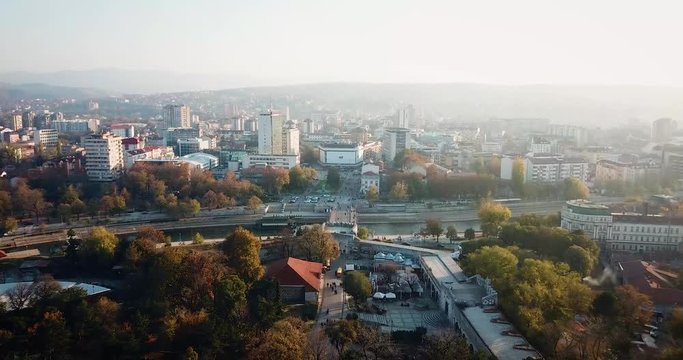 Aerial cityscape of the city of Nis fortress and downtown in Serbia