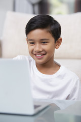 Boy smiling at his laptop screen