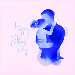 Happy father's day. Happy family daughter hugging dad silhouette plus abstract watercolor painted.Double exposure illustration. Digital art painting. Vector illustration.
