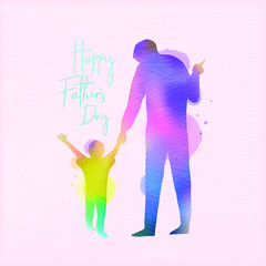 Happy father's day. Happy family son holding dad's hand silhouette plus abstract watercolor painting. Double exposure illustration. Digital art painting. Vector illustration.